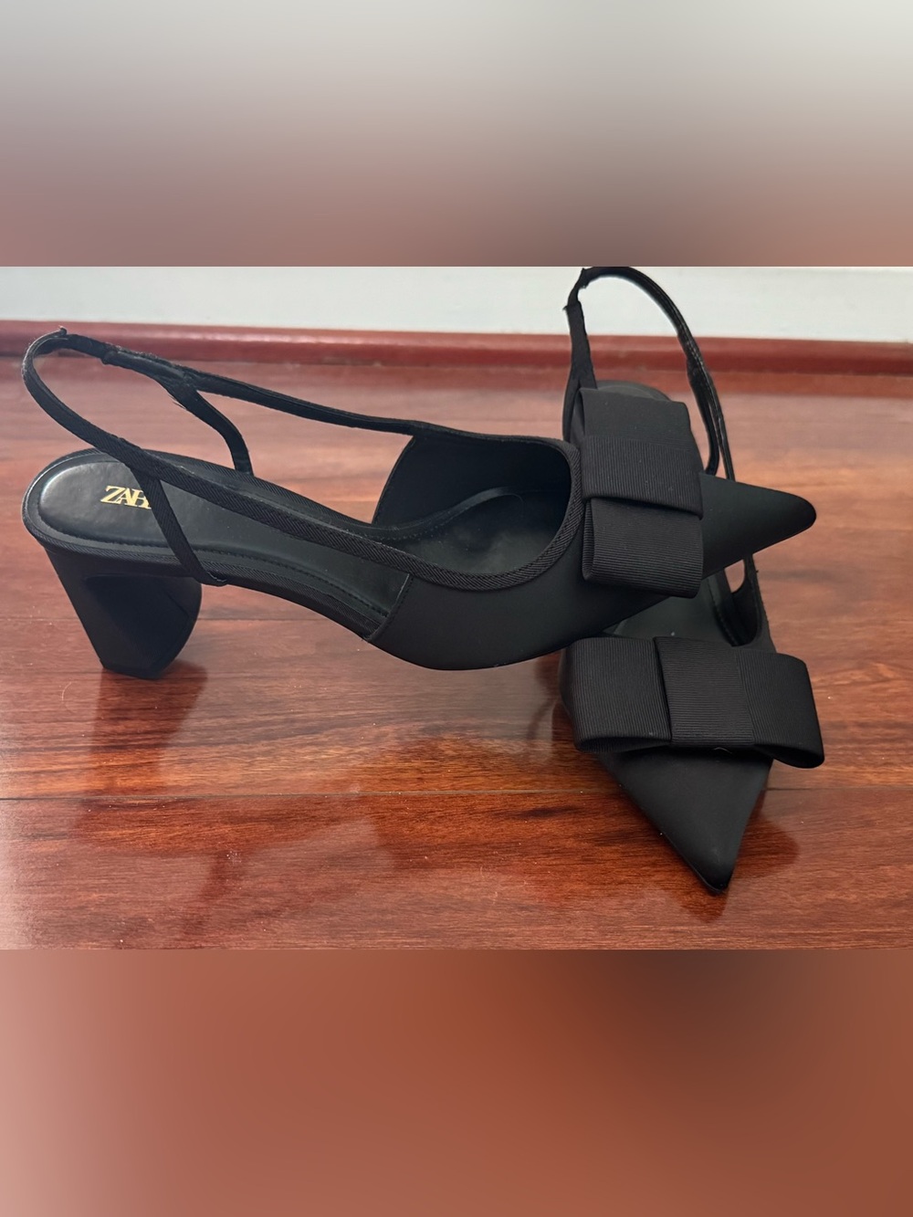 Zara Black Pointed Bow Slingback Heels